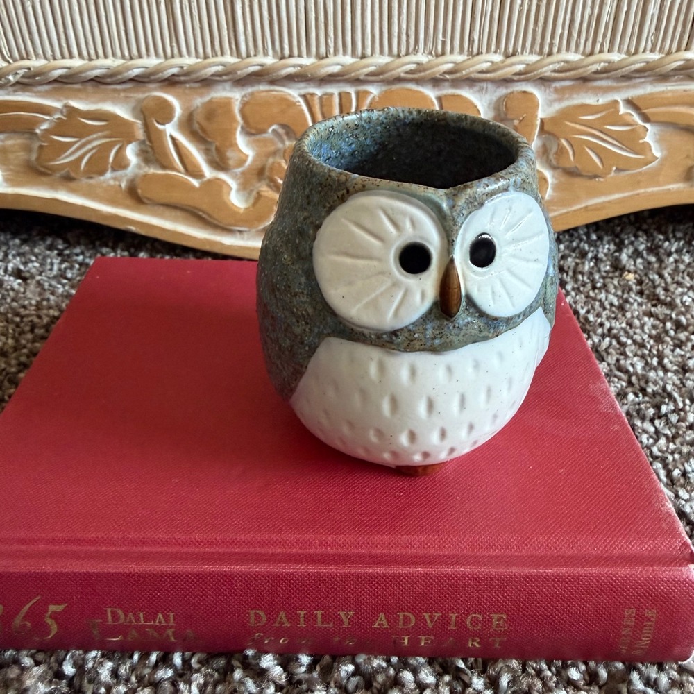 Vintage Ceramic Owl Figurine Succulent Planter Blue Brown Speckled Glaze 3.25in